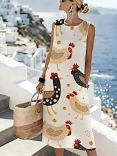 abordables Arte &amp; Design Vestidos-Women's Midi Dress Shift Dress Sundress A Line Dress Vacation Casual Boho Beach Going out Regular Fit Graphic Animal Sleeveless Crewneck White Sky Blue Beige Summer Spring