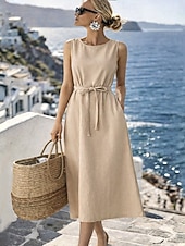 economico Vestiti-Per donna Abito Midi Finto cotone e lino Abito a trapezio Casual Quotidiano Vestibilità regolare Semplice Senza Maniche Girocollo Blu marino Arancione Beige Grigio Estate Primavera