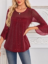 billige Kjolebluser-Dame Skjorte Bluse Netting عادي Stilfull Klassisk Moderne Langermet Crew-hals Vanlige topper Daglig Ferie Ut på byen Blå Svart Rød Grønn Sommer Vår