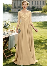 economico Lunghezza del pavimento-Linea ad A Lunghezza al pavimento Abito da invitata a nozze Abito Formale Abito da sera Abito da cerimonia per signora Manica 3/4 Collo gioiello Elegante Ricevimento di matrimonio Chiffon Pizzo con