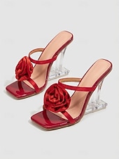 baratos Convidado do casamento-Sandálias femininas de salto transparente com detalhes de rosas vermelhas, sapatos elegantes para convidadas de casamento em casamentos ao ar livre, sandálias de salto aberto com salto transparente