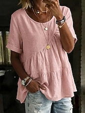 お買い得  エッセンシャルフェイクシャツ-女性用 Tシャツ フェイクリネンシャツ ティートップ フリル 平織り ファッション スタイリッシュ クラシック 半袖 クルーネック レギュラートップス 日常 お出かけ 週末 ブルー ブラック ホワイト イエロー ピンク 夏 春