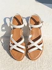 preiswerte Flache Sandalen-Minimalistische braune Riemchensandalen für Damen – bequeme, flache Gladiatorensandalen im griechischen Stil mit Knöchelriemen für Strandurlaub und Sommerreisen auf die Insel. &amp;Boho-Urlaubsoutfits