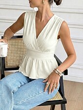 abordables Tanque Sencillo-Mujer Camiseta sin mangas Frunce Plano Elegante Moda Clásico Sin Mangas Manga Corta Escote en Pico Tops regulares Diario Noche Fin de semana Albaricoque Verano Primavera