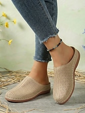 baratos Socas &amp; Mules de mulher-Mules femininas perfuradas, estilo slip-on – sapatos brancos em couro sintético com salto confortável para uso diário, passeios casuais e um estilo descontraído de verão.