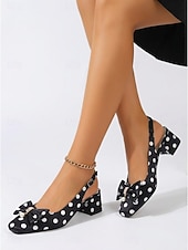 abordables escarpins à talon ouvert-Escarpins à pois pour femmes - élégants escarpins à bride arrière noirs et blancs avec nœud &amp;Détails en perles pour les soirées vintage et les événements rockabilly &amp;vêtements de bureau classiques