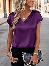 preiswerte Einfache Blusen-Damen Satin-Top Bluse Einfarbig Stilvoll Basic Lässig Kurzarm V Ausschnitt Normale Oberteile Täglich Blau Schwarz Weiß Champagner Rote Sommer Frühling Herbst