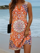 preiswerte Boho Kleider-Damen Minikleid Shiftkleid Sommerkleid Urlaub Lässig Boho Täglich Ferien Ausgehen Normale Passform Grafik Stammes Ärmellos Einkerbiger Ausschnitt Blau Rote Orange Grün Sommer Frühling