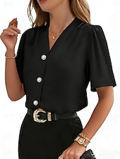 abordables Blusas Elegantes-Mujer Camisa Camisa con botones Camisa casual Botones Plano Elegante Clásico Moderno Manga Corta Escote en Pico Tops regulares Diario Festivos Noche Azul Piscina Negro Blanco Vino Albaricoque Verano