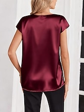 voordelige Effen t-shirt-Dames satijnen top T-shirt Effen Elegant Modieus Stijlvol Korte mouw V-hals Normale tops Dagelijks Uitgaan Weekend Champagne Goud Wijn Rood Koffie Zomer Lente