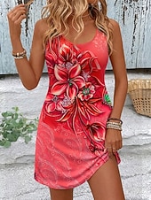 billiga Blommiga klänningar-Dam Mini klänning Solklänning A linjeklänning Sommarklänning Semester Ledigt Boho Strand Fest Bröllop Smal Blommig Grafisk Ärmlös U-hals Blå Gul Rodnande Rosa Rubinrött Sommar Vår