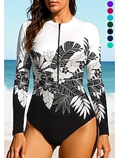 baratos Rash Guards de Uma Peça-Mulheres Segunda-pele para Mergulho Roupa de banho Roupas de Banho Esportivas Floral Tropical Zip Up UPF50+ Secagem Rápida Leve Manga Longa Camisa de Natação Surfe Praia Esportes Aquáticos Verão