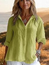 cheap Shirts-Women's Shirt Solid Color Plain Stylish Casual Long Sleeve Shirt Collar Regular Tops Daily Holiday Buttons Blue White Yellow Pink Summer Spring