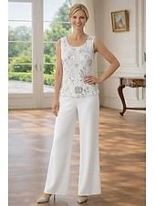 cheap Mom's Pant Suits-3 Piece Pantsuit Floor Length Mother of the Bride Dress Sleeveless 3/4 Length Sleeve Scoop Neck Elegant Simple Embellished Formal Wedding Guest Formal Evening Chiffon Sequined with Sequin