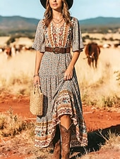 cheap Western Boho Dress-Women's Maxi Dress Boho Dress Casual Dress Floral Dress Elegant Fashion Modern Outdoor Beach Vacation Loose Fit Paisley Short Sleeve V Neck Blue Black Yellow Red Summer Spring