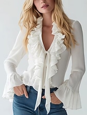 billige Kjolebluser-Dame Skjorte Bluse Rysjeskjorte Drapering Helfarge Stilfull Grunnleggende Klassisk Langermet V-hals Vanlige topper Daglig Ferie Ut på byen Svart Hvit Lilla Sommer Vår