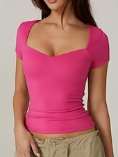 cheap Plain tee-Women's T Shirt Tee Top Solid Color Stylish Basic Classic Short Sleeve V Neck Regular Tops Daily Going out Weekend Black White Wine Brown Dark Gray Summer Spring