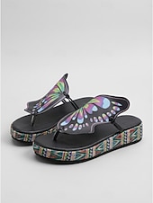 abordables Rutschsandalen-Women's Bohemian Brown Butterfly Wedge Sandals - Comfortable Platform Thong Flip Flops with Colorful Pattern for Luxury Hotel Poolside, Beach Resorts &amp; Summer Vacations