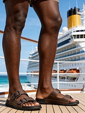 abordables Hombres-Sandalias de cuero de doble tira para hombre, duraderas y cómodas, calzado elegante para isla y crucero para vacaciones, resort y uso informal.