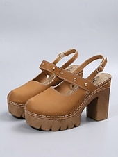 cheap Mary Jane Pumps-Women's Chunky Mary Jane Heels – Brown Platform High Heels with Adjustable Strap for Casual Wear, Office &amp; Garden Party Shoes