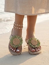 economico Infradito scivolosi-Sandali da spiaggia da donna color arancione acceso con girasoli - romantici sandali bohémien in paglia intrecciata con dettagli floreali per le vacanze estive e le fughe su isole tropicali &amp;feste in