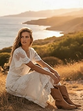 preiswerte Weiße Spitzenkleider-Damen abendkleider Spitzenkleid Schaukelkleid Maxikleid Weiß Kurzarm Einfarbig Spitze Frühling Sommer V Ausschnitt Boho 2023 S M L XL