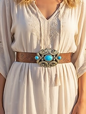 olcso Női öv-női bohém műbőr türkiz öv, fekete és barna western vintage deréköv gravírozott pánttal és díszes csattal hétköznapi viseletre, utazáshoz, nyaraláshoz és üdülőhelyi stílushoz