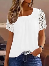 economico Top in Pizzo-Per donna Camicia Blusa Top in pizzo Pizzo Semplice Elegante Classico Moderno Manica Corta Girocollo Top Regolari Quotidiano Ferie Uscire Blu Nero Bianco Rosa Rosso Estate Primavera
