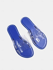 billiga Kvinnor-Färgglada gula strandtofflor för kvinnor - eleganta platta sandaler i genomskinlig PVC med H-remmar för tropiska semestrar och öresor &amp;sommarkläder vid poolen