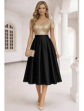 cheap Cocktail Dresses-A-Line Tea Length Cocktail Dresses Elegant Short Sleeve V Neck Garden Party Wedding Satin Sequined with Pleats Sequin