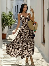 ieftine Rochii de absolvire-Pentru femei Rochii Midi Rochie de absolvire Rochie leagăn Rochie de vară Rochie Slip Modă În aer liber Concediu Dată Fit regulat Leopard Floare Fără manșon Curele de Negru Alb Roșu-aprins Roșu