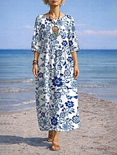 abordables Robes fleuries-Robe longue maxi femme à fleurs bleues et blanches, style vacances, robe droite décontractée, idéale pour la plage ou les sorties. Motif floral, manches 3/4, col rond, bleu, rouge, violet, vert.