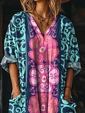 cheap Ethnic Boho Dress-Women's Maxi Dress Boho Dress Casual Dress Print Dress Vintage Outdoor Vacation Weekend Loose Fit Floral Graphic Long Sleeve V Neck Blue Purple Summer Spring Fall