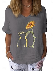 preiswerte Hemden-Damen Baumwoll Mischung Bluse Patchwork Druck Grafik Stilvoll Klassisch Modern Kurzarm V Ausschnitt Normale Oberteile Täglich Ferien Ausgehen Weiß Gelb Dunkelblau Grau Leicht Blau Sommer Frühling