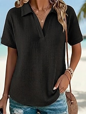  Mujer Camiseta Camisetas polo Tops de punto gofre Camiseta superior Plano Moda Elegante Básico Manga Corta Cuello Camisero Tops regulares Diario Noche Fin de semana Azul Piscina Negro Blanco Naranja