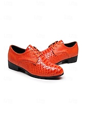 baratos Sapatos Derby-Sapatos sociais masculinos em couro sintético laranja vibrante com estampa de cobra, bico fino e cadarço, ideais para baladas, festas, ocasiões especiais e casamentos.