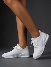 cheap Women's Sneakers-Women's White Knit Sneakers – Lightweight Breathable Lace-Up Design Sport Shoes, Casual Walking Shoes for Gym, Travel and Everyday Wear