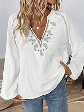 abordables Blouses &amp; Shirts-Women's Shirt Blouse Embroidered Print Floral Classic Modern Casual Long Sleeve V Neck Regular Tops Daily Outdoor Holiday White Summer Spring