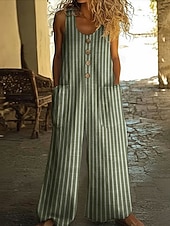 billige ferie jumpsuit-Dame Kjeledresser Aktiv Stripet Ermeløs Ermeløs Bred Bukseben U-hals Lomme Knapper Daglig Feriereise Løstsittende Blå Militærgrønn Navyblå Sommer
