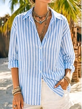 voordelige Overhemden-Dames Overhemd Overhemden met linnenlook Button-down overhemd Blouse Gestreept Stijlvol Klassiek Modern Lange mouw Revers Normale tops Dagelijks Feestdagen Uitgaan blauw Geel Blozend Roze Rood