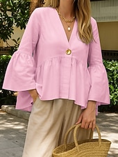 billige Skjorter-Dame Skjorte Bluse Bomullsskjorte Lapper Knapper عادي Stilfull Klassisk Moderne Langermet V-hals Vanlige topper Daglig Ferie Ut på byen Blå Hvit Rosa Himmelblå Grønn Sommer Vår