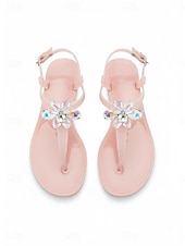 baratos Mulheres-Women's Elegant White Jelly Sandals - Waterproof T-Strap Flip Flops with 3D Flower &amp; Sparkling Rhinestone Decor for Beach Vacations, Summer Weddings &amp; Resort Wear