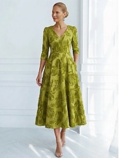 billige Cocktailkjoler-A-linje Ankellengde Te-lengde Formell kjole Cocktailkjoler Elegant 3/4 ermer V-hals Bryllup Formell Sateng Jacquard med Dusk