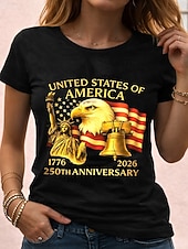  Amerikanischer Unabhängigkeitstag Damen T Shirt Druck Grafik Buchstabe Amerikanische Flagge Stilvoll Klassisch Lässig Kurzarm Rundhalsausschnitt Normale Oberteile Täglich Schwarz Sommer Frühling