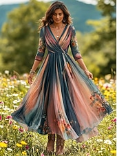 economico Abiti eleganti floreali-Abito lungo da donna, abito lungo, abito casual, abito svasato, abito floreale, abito estivo, abito boho, vintage, vacanza, quotidiano, vestibilità regolare, floreale, manica lunga, scollo a V, blu estivo.
