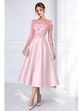 economico Abiti da cocktail-Linea ad A Lunghezza Tè Perline ricamate Abito Formale Abito da madre della sposa Abiti da Cocktail Abiti per invitati a matrimoni Elegante Pastello Manica 3/4 Scollo a Barca Formale Cocktail party