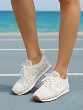 baratos Ténis de mulher-Tênis feminino branco de malha com cadarço – calçado leve, respirável e confortável para caminhadas, ideal para férias em resorts, viagens à praia e uso diário.