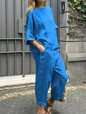 preiswerte Blusenanzüge für Damen-Damen Hosen-Sets Kunstbaumwollleinen Dreiviertelarm Rundhalsausschnitt Einfarbig Elegant Mode Streetwear Lässig Täglich Outdoor Schwarz Weiß Gelb Sommer Normale Passform