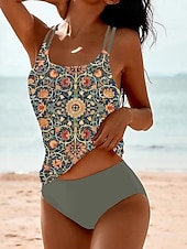 preiswerte Tankinis-Damen Badeanzug Tankini Zweiteilig Freche Unterhose Bademode Bauchkontrolle Hohe Taille Schlank Rückenfrei Urlaub Strandbekleidung Blumen U-Ausschnitt Ärmellos Badeanzüge