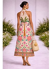 ieftine Rochii boho-Pentru femei Rochii Midi Rochie casual Rochii Boho Chic Boemia Vacanță Tropical Plajă Concediu Dată Fit regulat Grafic Tropical Fără manșon Gâtul halter Roz Îmbujorat Vară Primăvară